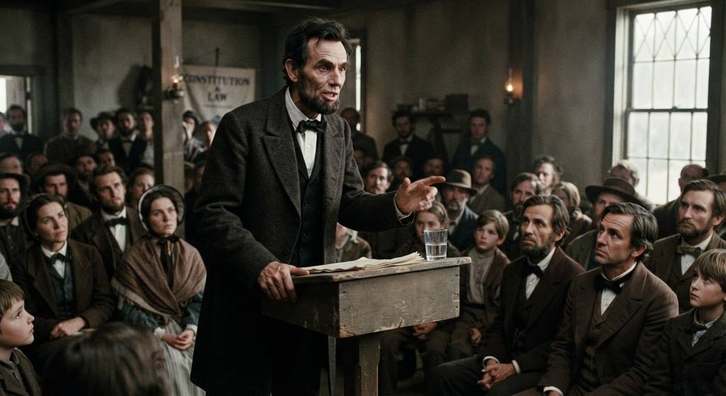 Abraham Lincoln speaks intently to a small audience in a modest Springfield room.