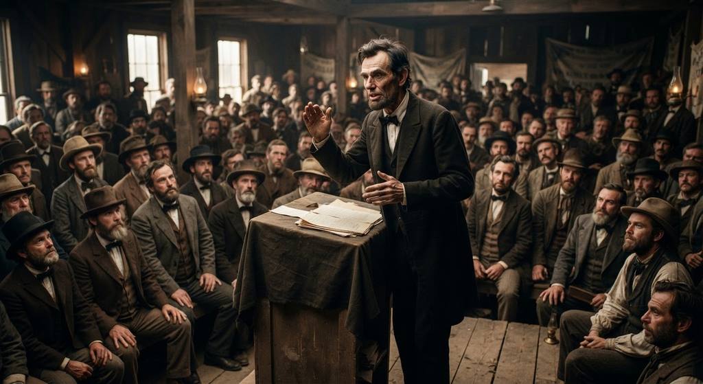 Abraham Lincoln addresses a dense, crowded political convention in Illinois.
