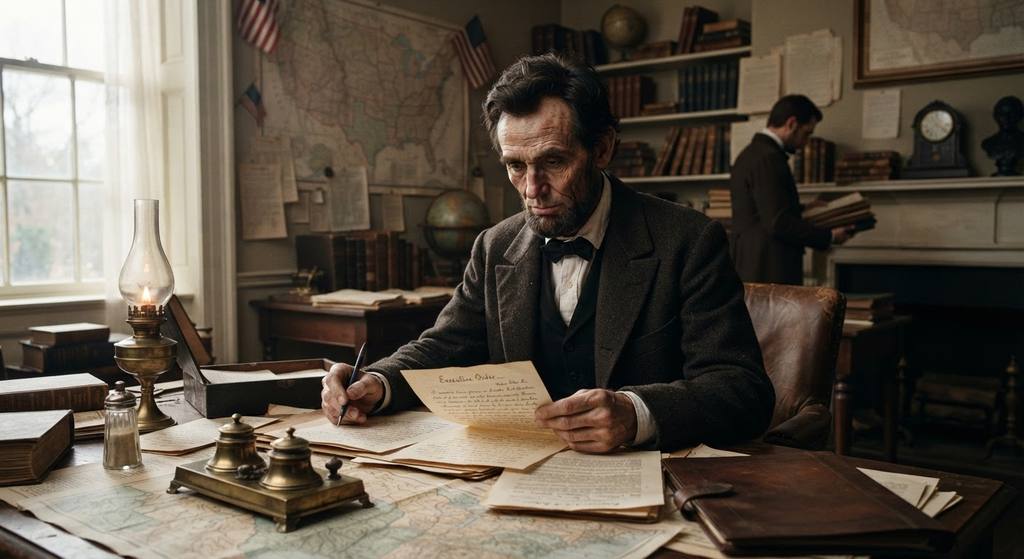 Abraham Lincoln reviews military dispatches and legal documents at his White House desk.