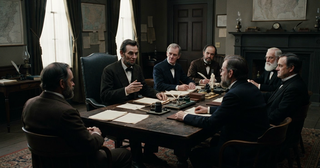 Abraham Lincoln sits at a large wooden table in discussion with his Cabinet members.