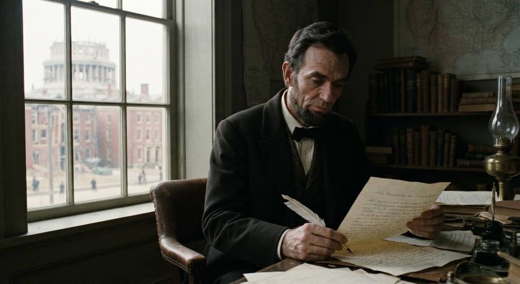 Abraham Lincoln holds a draft of the Emancipation Proclamation by a window overlooking Washington.