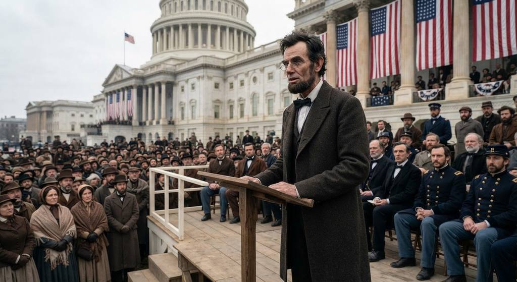 Abraham Lincoln delivers his Second Inaugural Address from the U.S. Capitol portico.