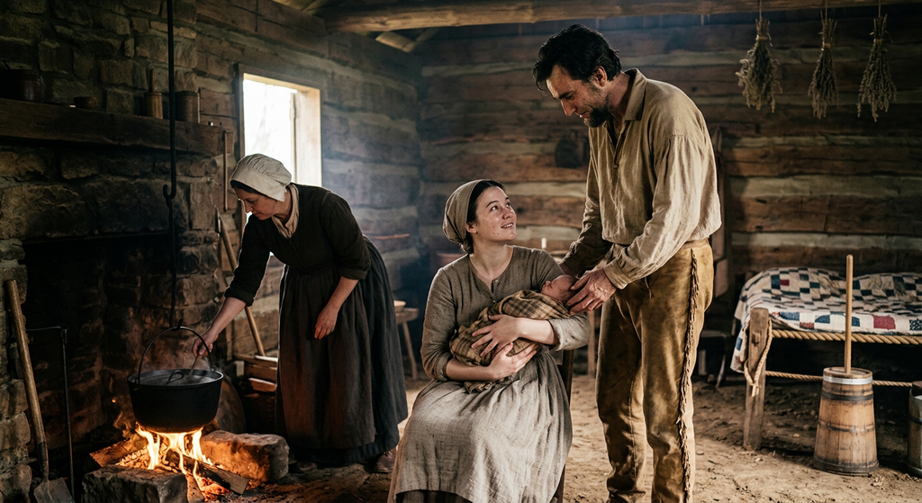 A tall, gaunt Abraham Lincoln stands before a wooden log cabin in a quiet forest clearing.