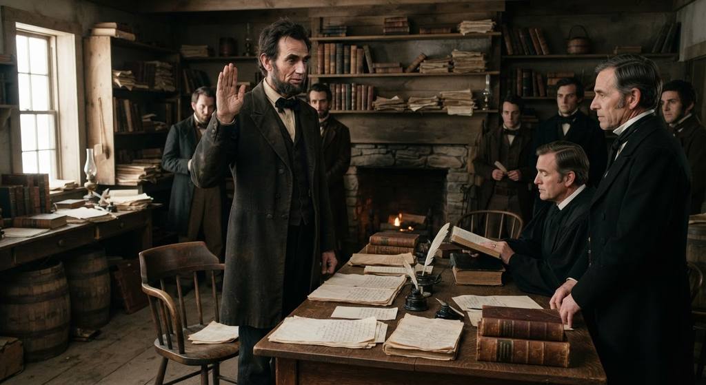 Abraham Lincoln stands in a nineteenth-century law office surrounded by leather-bound books and papers.