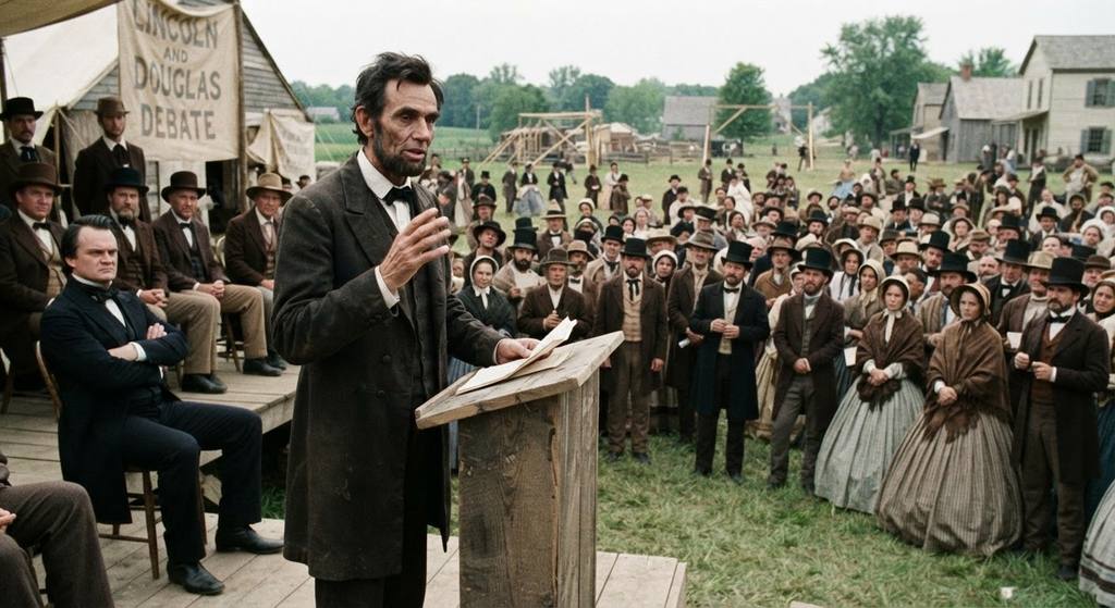 Abraham Lincoln speaks from a wooden podium to a large crowd gathered under an open sky.