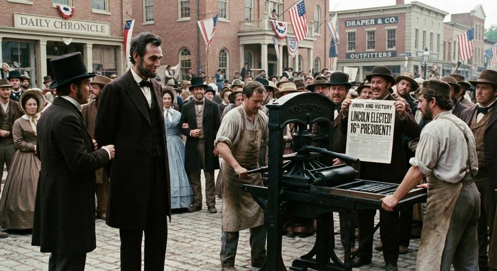 Abraham Lincoln stands near an old printing press producing election broadsides in a town square.