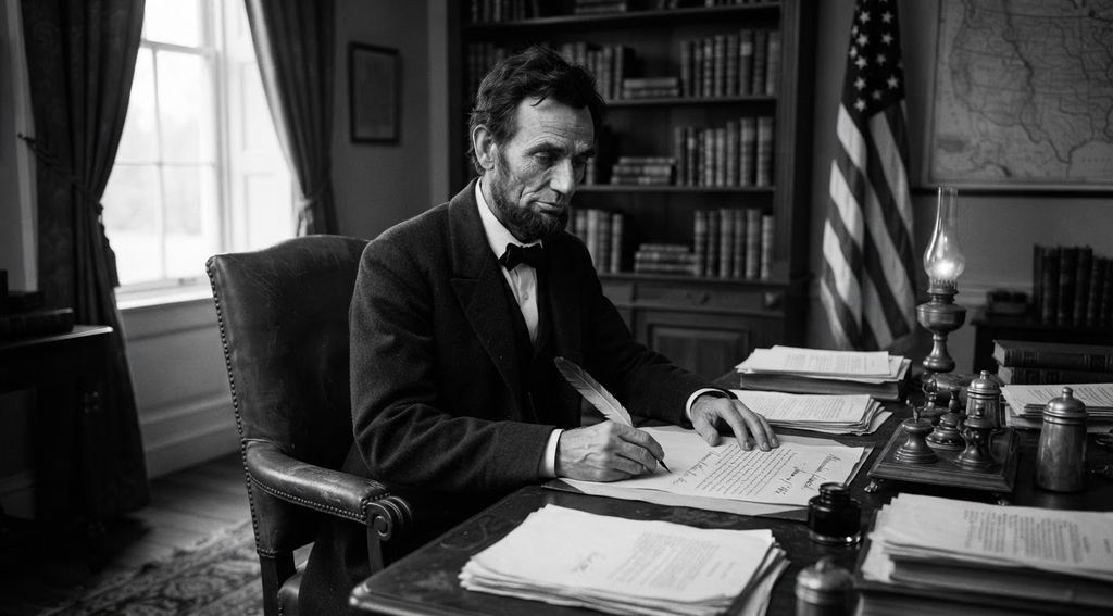 Abraham Lincoln sits at a desk in a dimly lit study with a signed proclamation document.