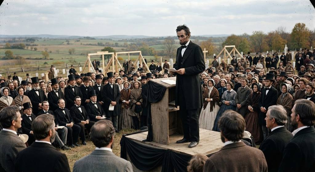 Abraham Lincoln addresses a crowd at a dedication ceremony overlooking a quiet Pennsylvania field.