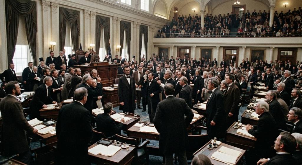 Abraham Lincoln stands in a grand congressional hall as lawmakers debate around him.