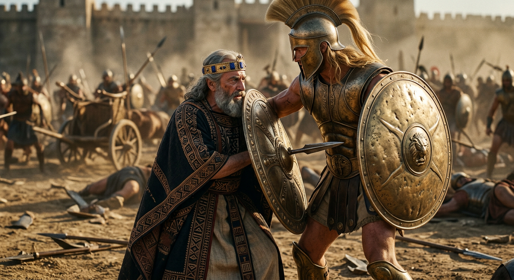 A blonde warrior presses his heavy bronze shield against an armored opponent on a dusty plain.