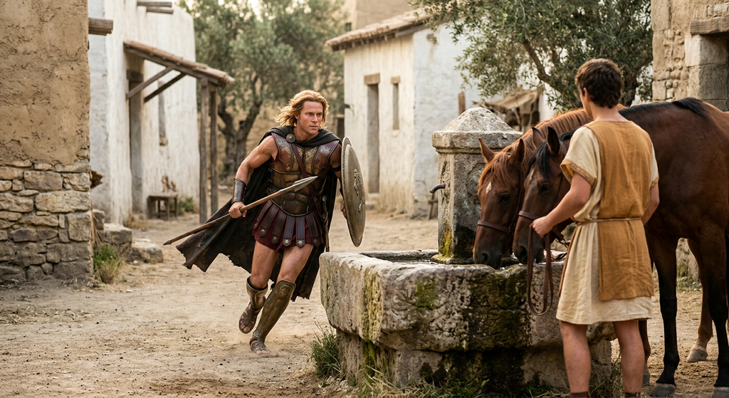 A blonde warrior leaps from behind a stone fountain toward a young man standing near horses at dawn.