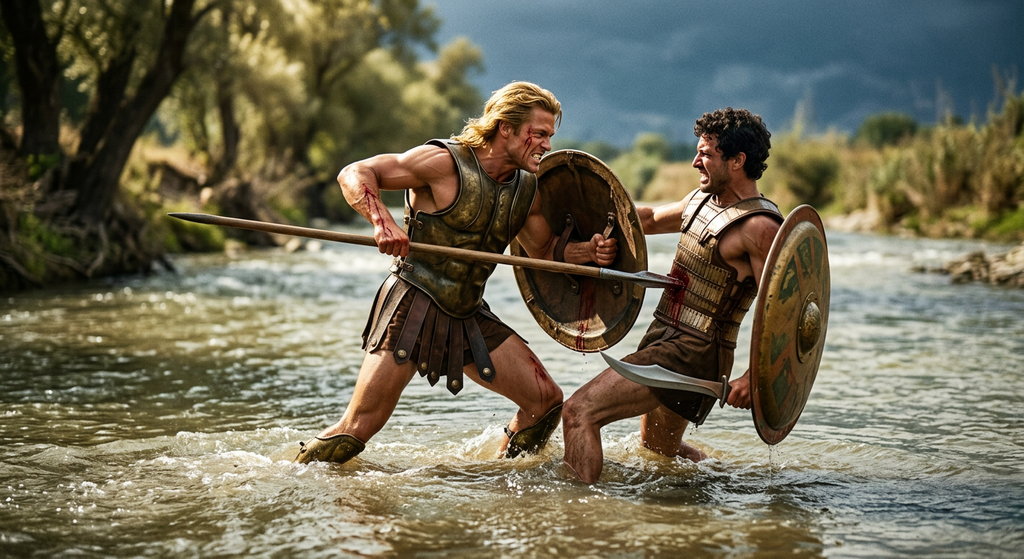 A golden-haired warrior clashes bronze spears with an opponent while standing in shallow river waters.