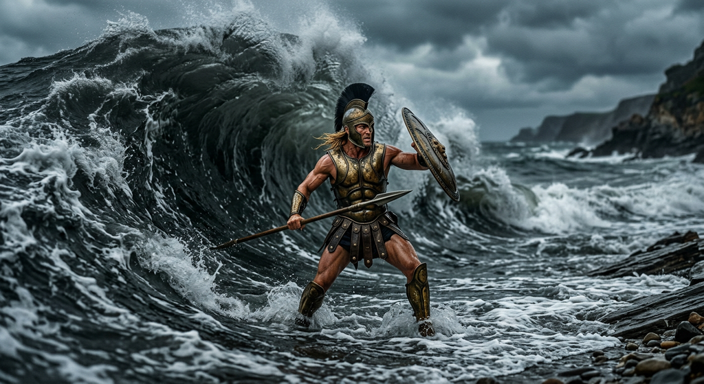 A blonde warrior in bronze armor struggles against a rushing wave of river water.