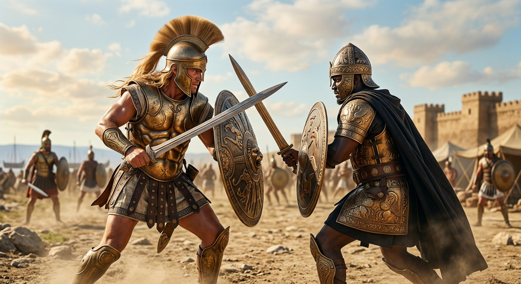 A blonde warrior clashes bronze swords with an armored opponent under a clear open sky.