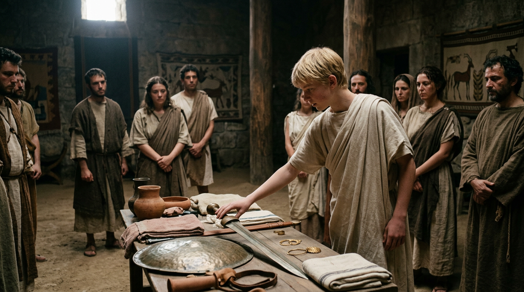A blonde youth wearing robes reaches toward a bronze sword displayed among luxury gifts in a stone hall.