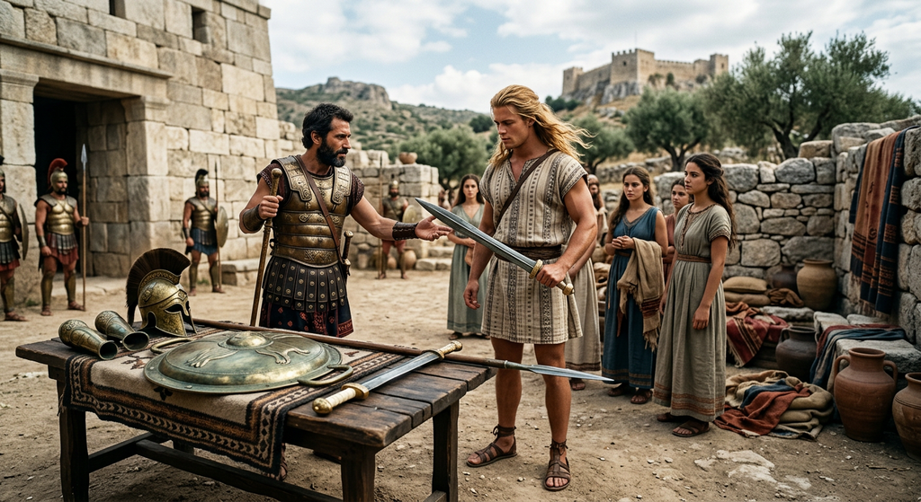 Odysseus hands bronze armor and weapons to a blonde young warrior in a sunlit stone courtyard.