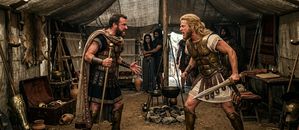 A blonde warrior angrily confronts Agamemnon inside a draped canvas tent furnished with woven rugs.