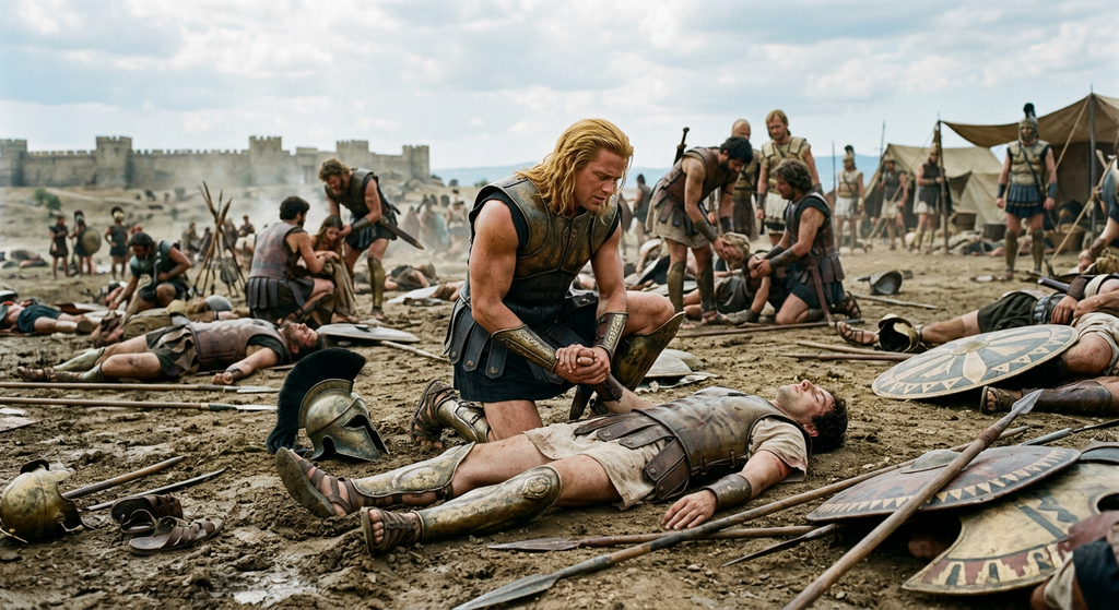 Greek soldiers gather mournfully around a fallen armored warrior lying still on a dusty field.