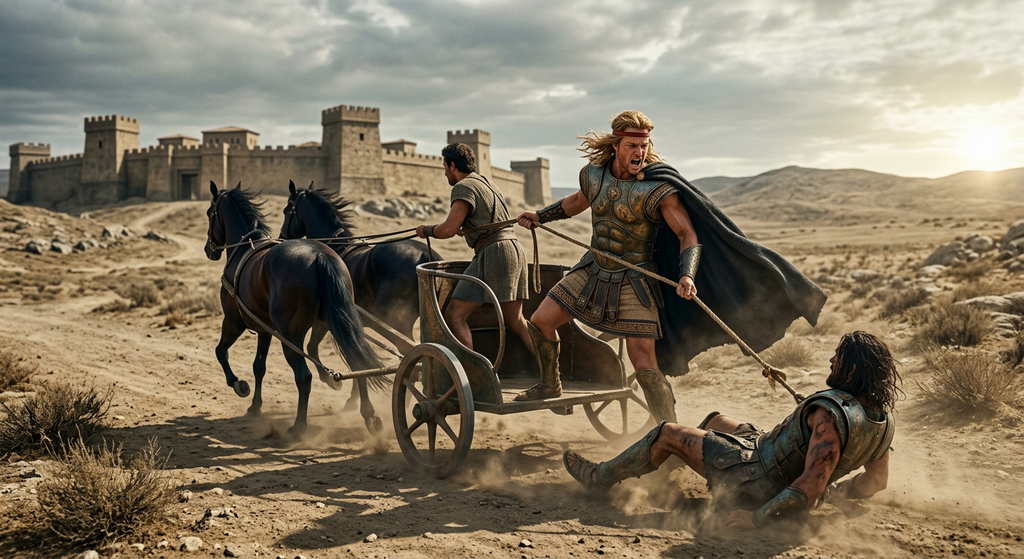 A blonde warrior drives a horse-drawn chariot, dragging a defeated fallen enemy across the dirt ground.
