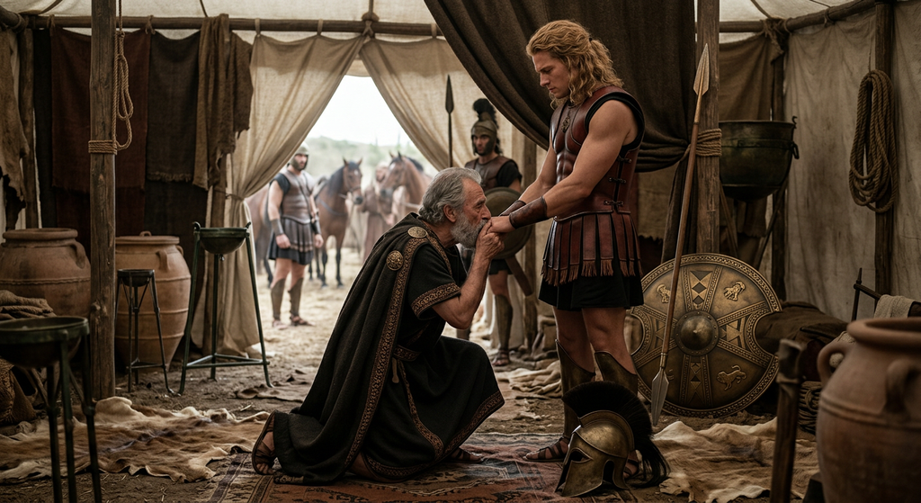 An elderly king kneels in a dimly lit canvas tent to kiss the hand of a seated golden-haired warrior.