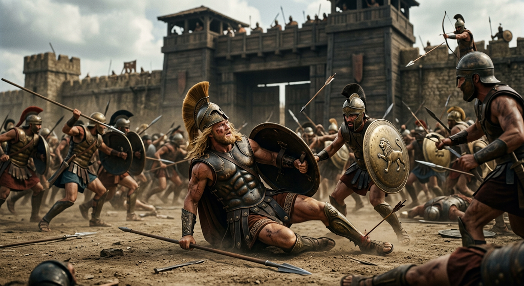 A blonde warrior in bronze armor stumbles near ancient stone gates as an arrow strikes his heel.