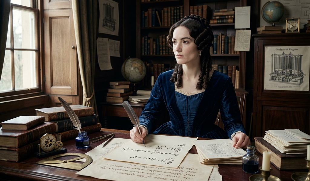 Mathematical equations rest over faint handwritten poetry on a wooden Victorian study desk.