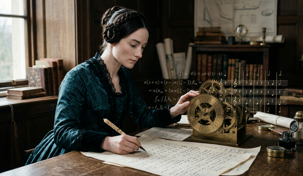 Intricate brass gears of a mechanical engine rest beside sheets of handwritten musical notes.