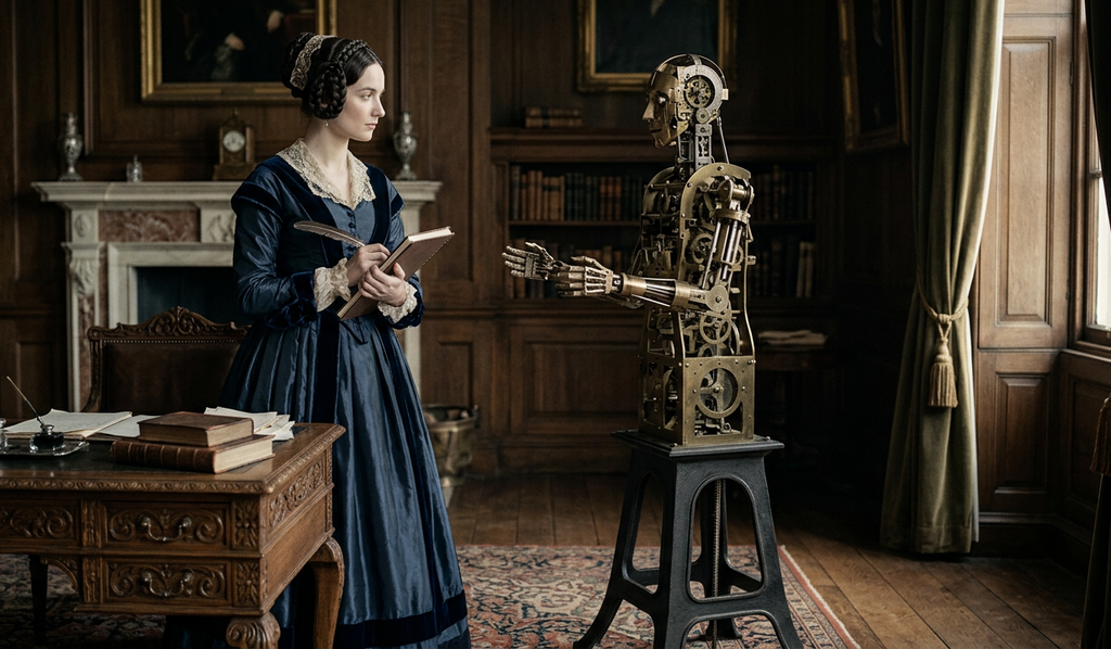 A mechanical automaton stands opposite a human silhouette inside a dimly lit Victorian room.