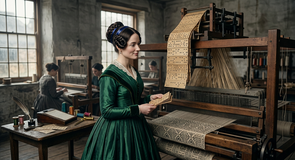 A wooden Jacquard loom processes a series of continuous punched cards through its upper frame.