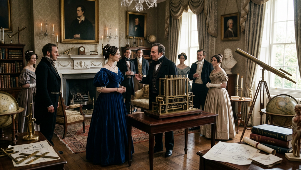 Guests in Victorian dress gather in a London drawing room filled with scientific instruments.