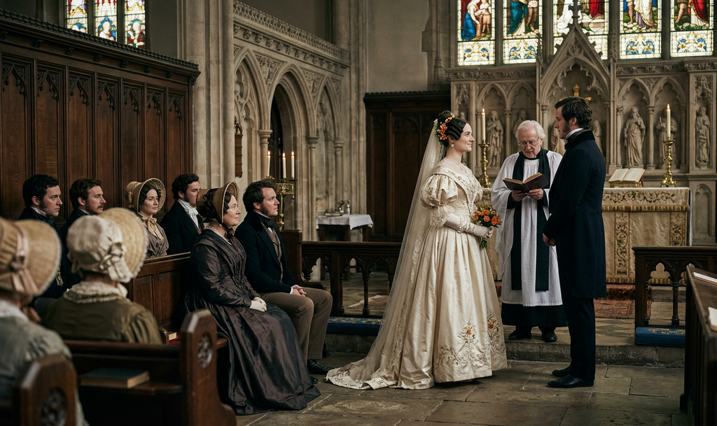 Ada Lovelace stands at the altar during a wedding ceremony inside an ornate English church.