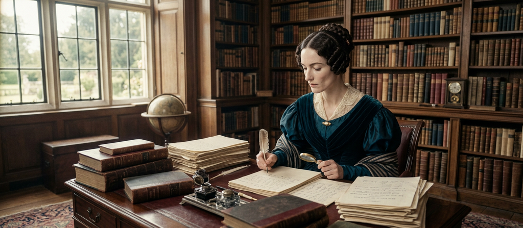 Ada Lovelace works at a large wooden desk surrounded by heavy bookshelves and French manuscripts.