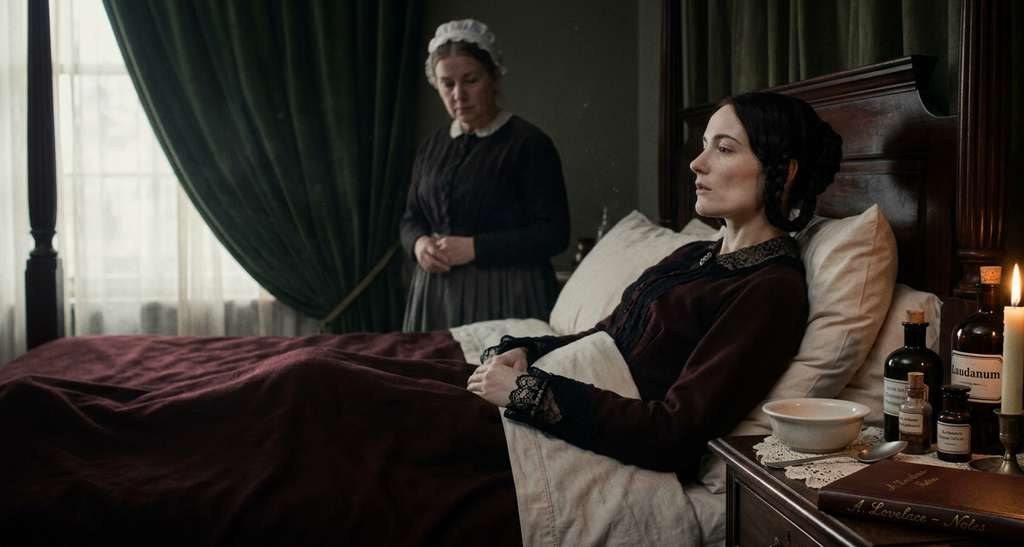 Medicine bottles rest on a bedside table inside a dimly lit Victorian bedroom with heavy drapes.