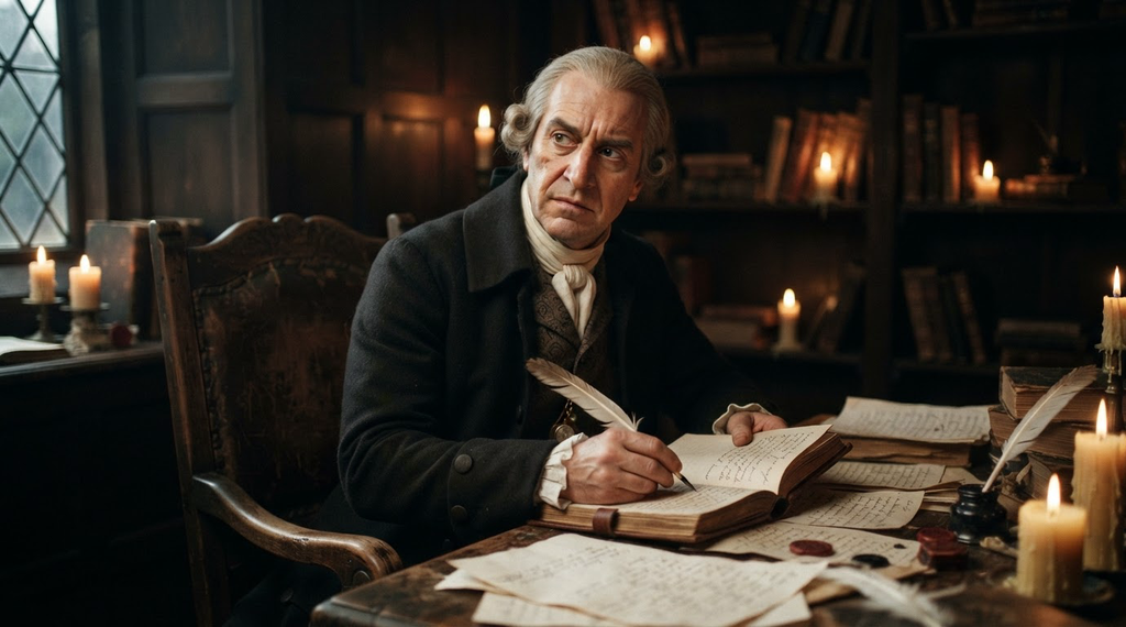 Adam Smith sits at a desk by candlelight, reflecting on moral conduct while writing.
