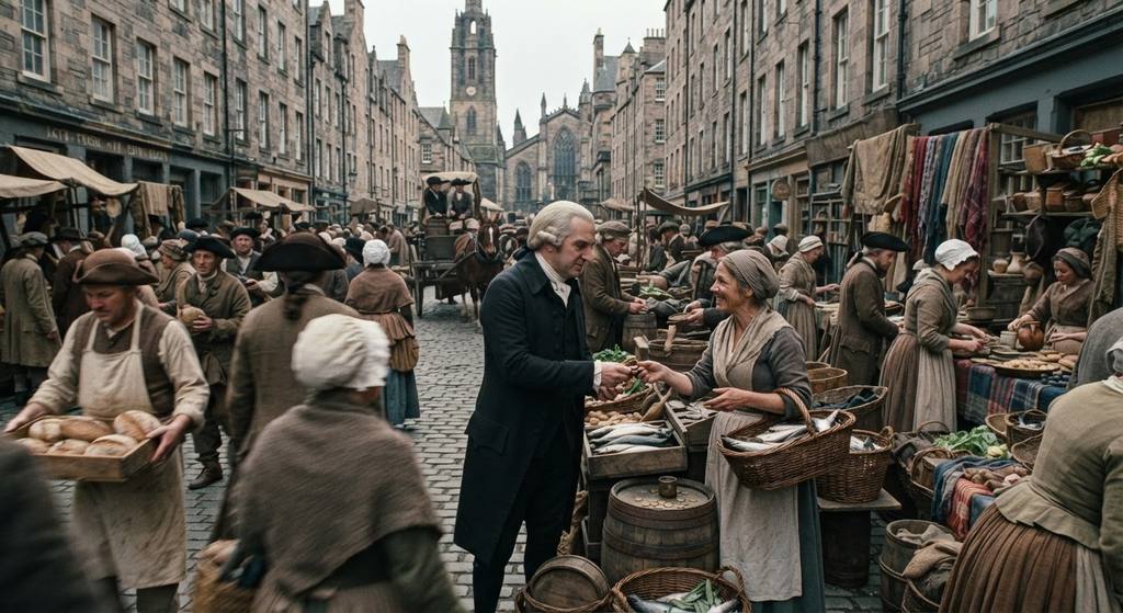 Merchants and citizens exchange goods and currency in a bustling Edinburgh street market.