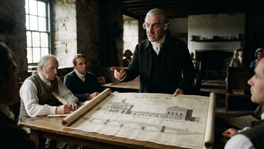 An architectural drawing of a stone bridge and courthouse rests on a table.