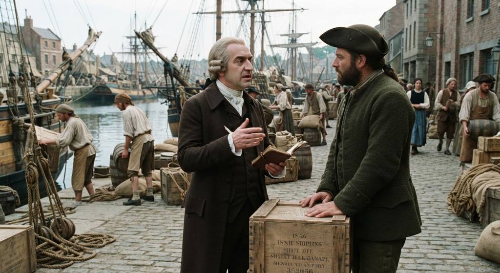 Workers load wooden crates of goods onto sailing ships docked at a busy port.