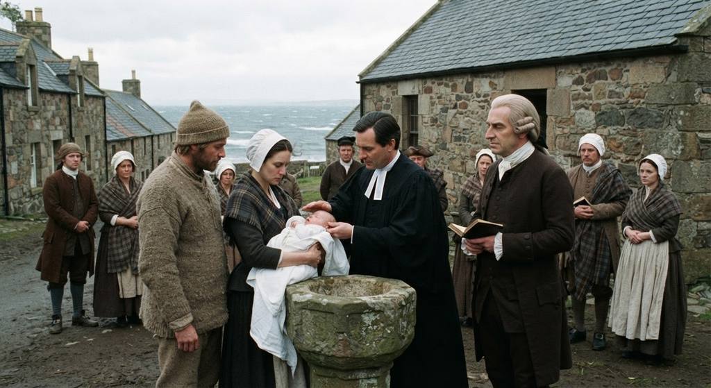 A man in an eighteenth-century coat and wig stands on a windswept Scottish coast near stone cottages.