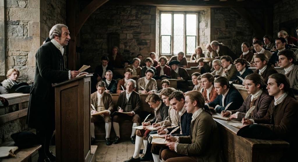 Adam Smith lectures to a group of young scholars in a stone-walled university hall.