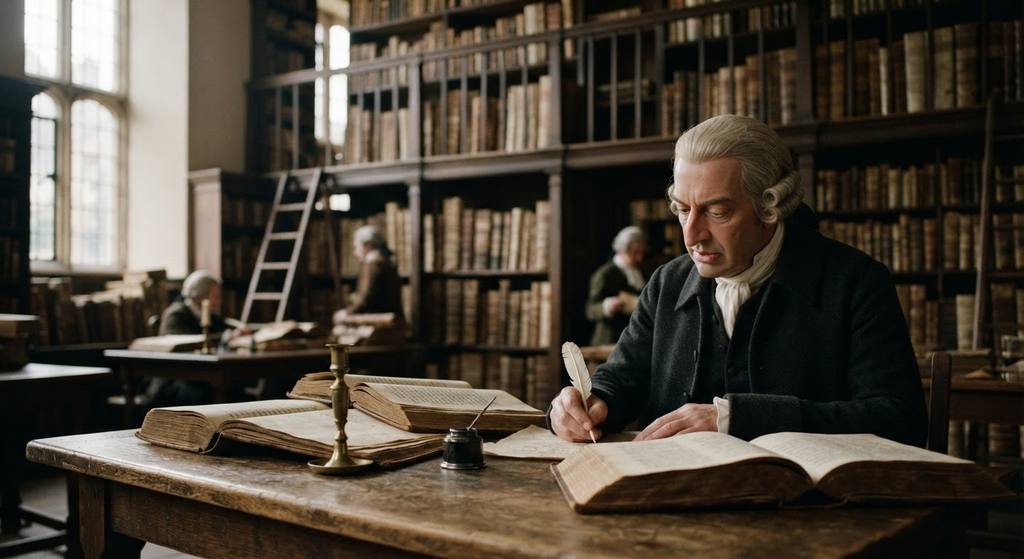 Adam Smith walks through a dusty library filled with tall wooden shelves and ancient manuscripts.