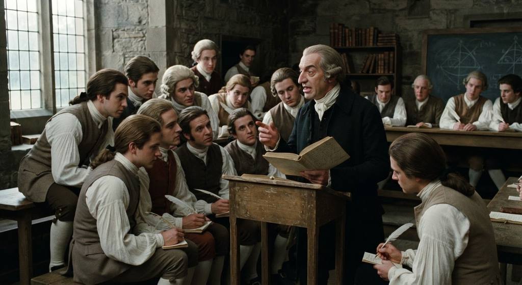 Adam Smith stands at a wooden lectern addressing a group of students in a classroom.