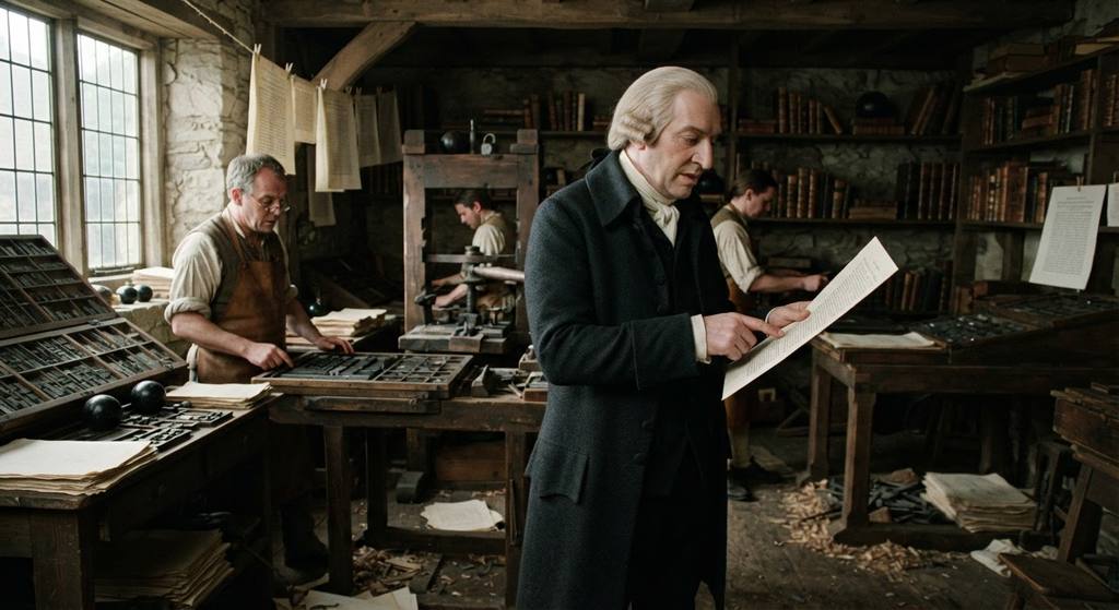 Adam Smith inspects bound leather volumes inside a busy eighteenth-century print shop.