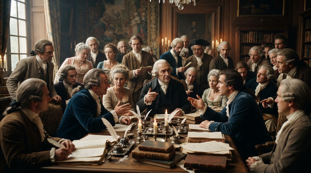Adam Smith participates in a lively debate among intellectuals in a grand Parisian salon.