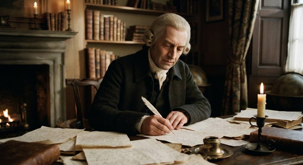 Adam Smith writes at a candlelit desk surrounded by stacks of handwritten manuscripts.