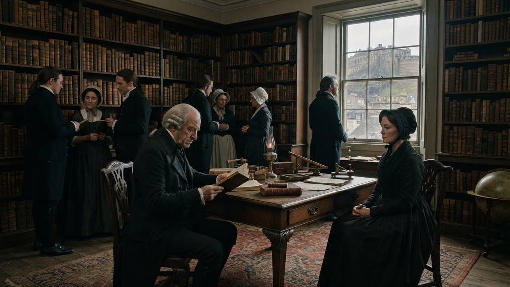 A quiet room with tall bookshelves overlooks the stone walls of Edinburgh Castle.