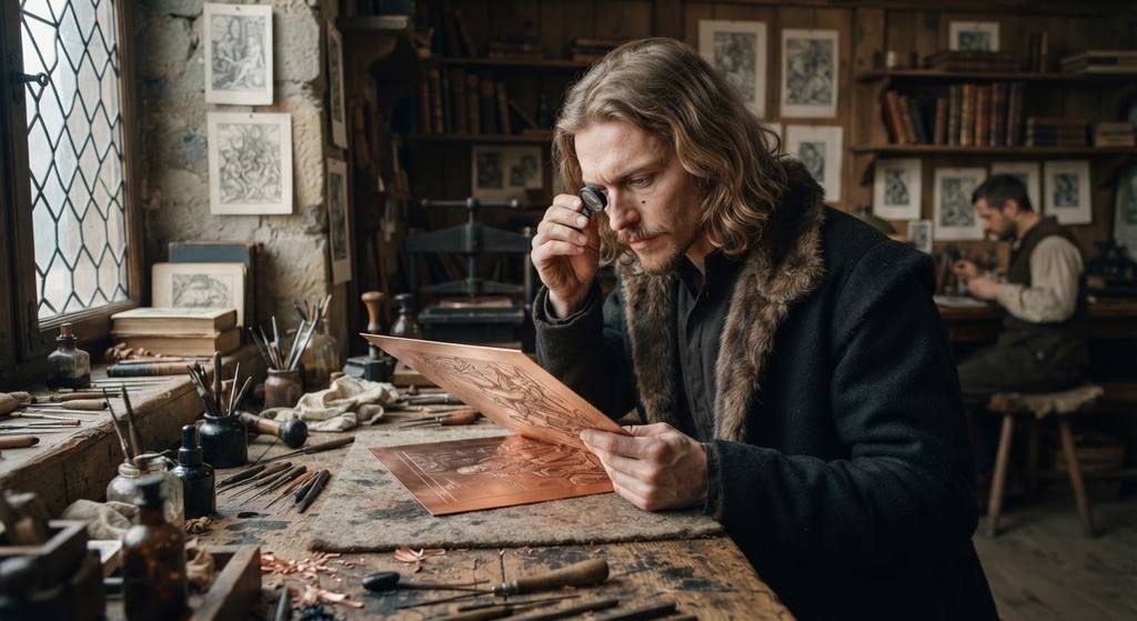 Albrecht Dürer inspects an engraved copperplate of Melencolia I with a magnifying lens in his workshop.