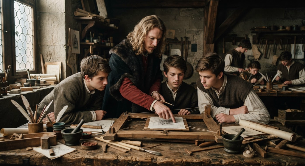 Albrecht Dürer demonstrates the use of a perspective drawing frame to young apprentices.