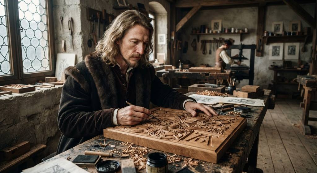A close-up view of a pearwood block shows the artist's interlocking AD signature carved into the wood.