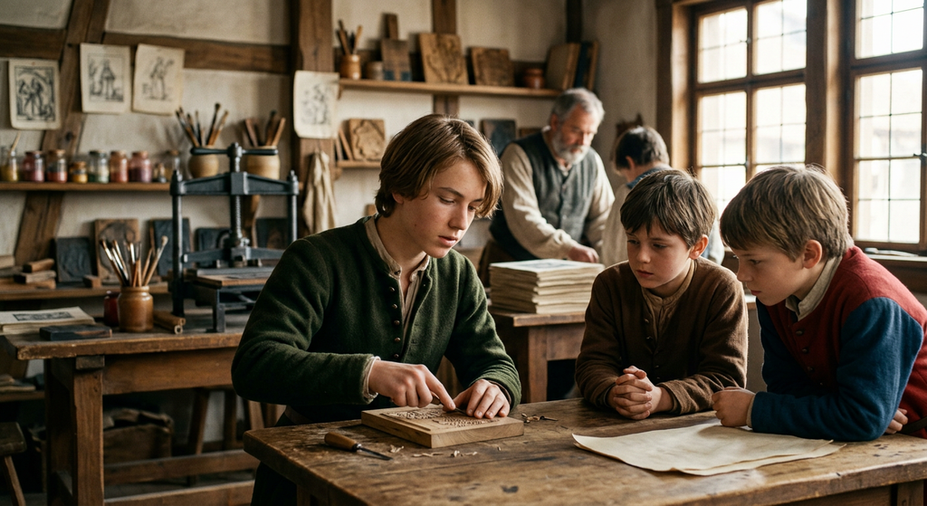Albrecht Dürer works in a Renaissance studio filled with oil paints and woodblocks while apprentices watch.
