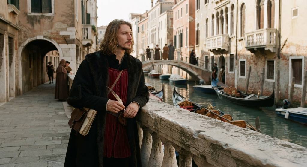 Albrecht Dürer stands by a Venetian canal, observing classic architecture during his travels in Italy.